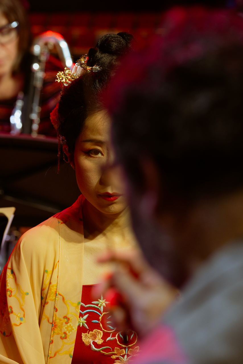 A performer in ornate dress seen in a mirror
